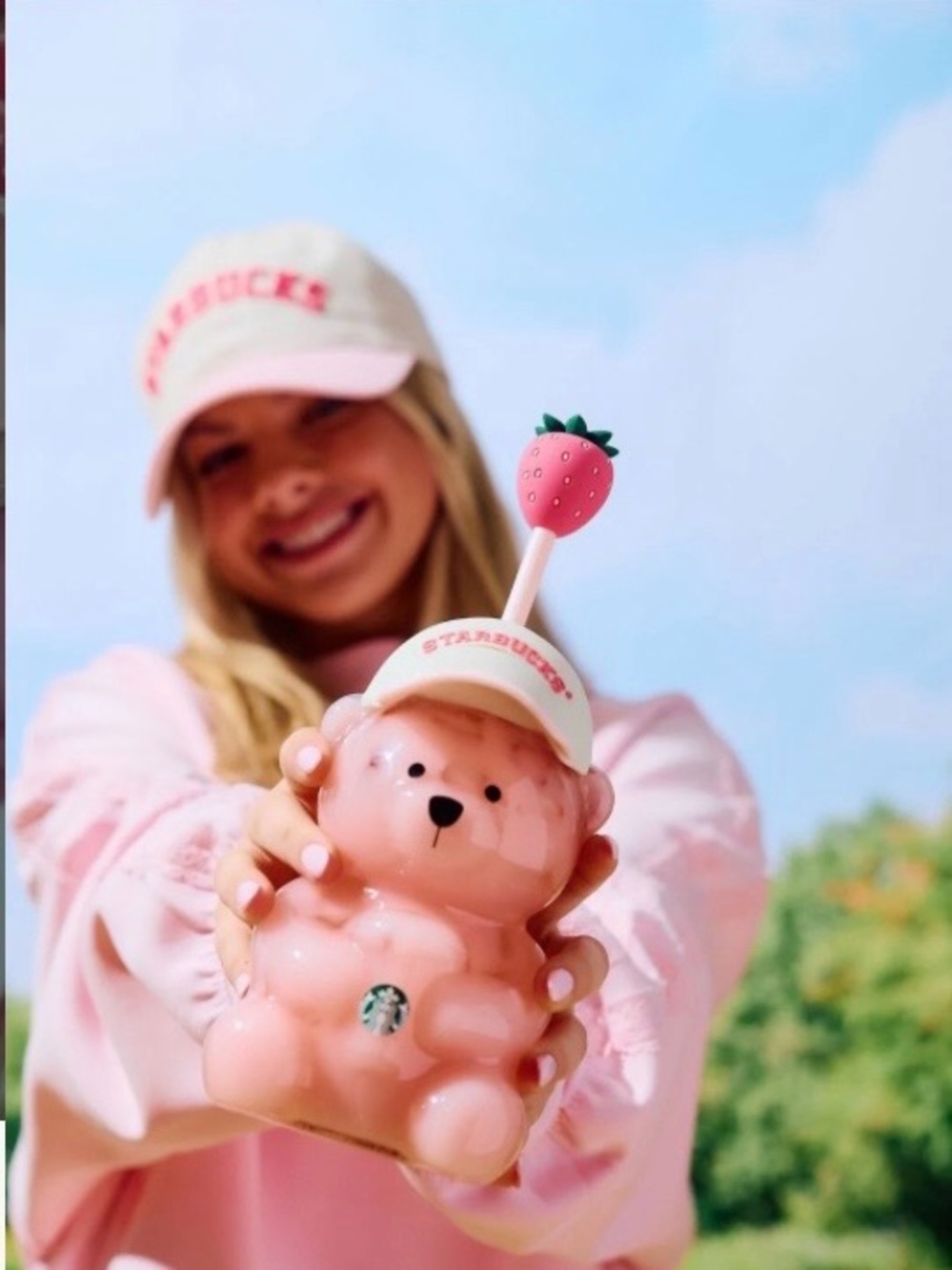 Starbucks Pink Strawberry Bear Sipper Toy with Straw Topper